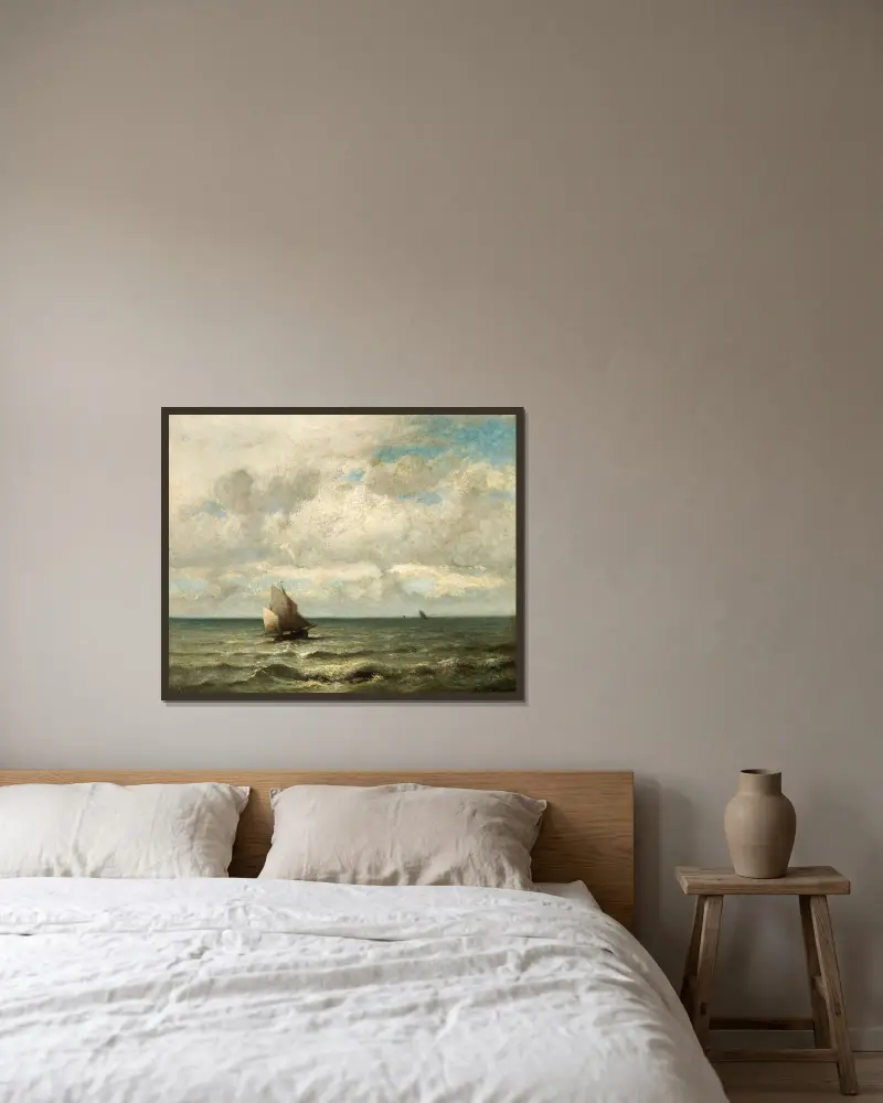 Ett havslandskap av Jules Dupré inramad på en vägg