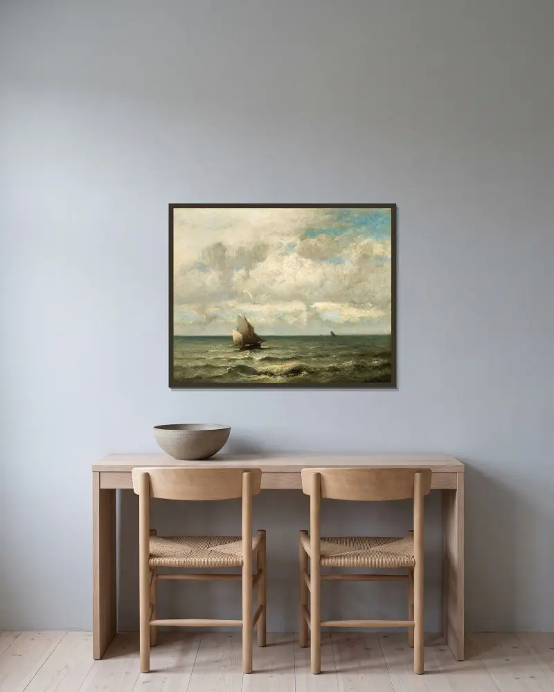 Ett havslandskap av Jules Dupré inramad på en vägg