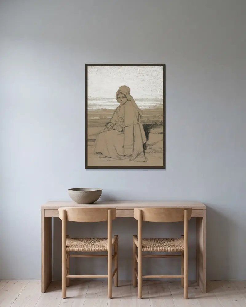 Sitzende Hirtin von Jules Dupré gerahmt an einer Wand