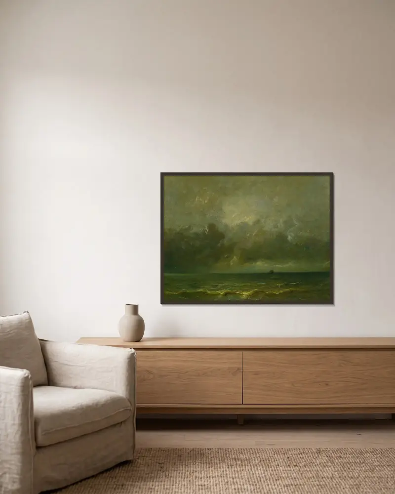 Die Ruhe vor dem Sturm von Jules Dupré gerahmt an einer Wand