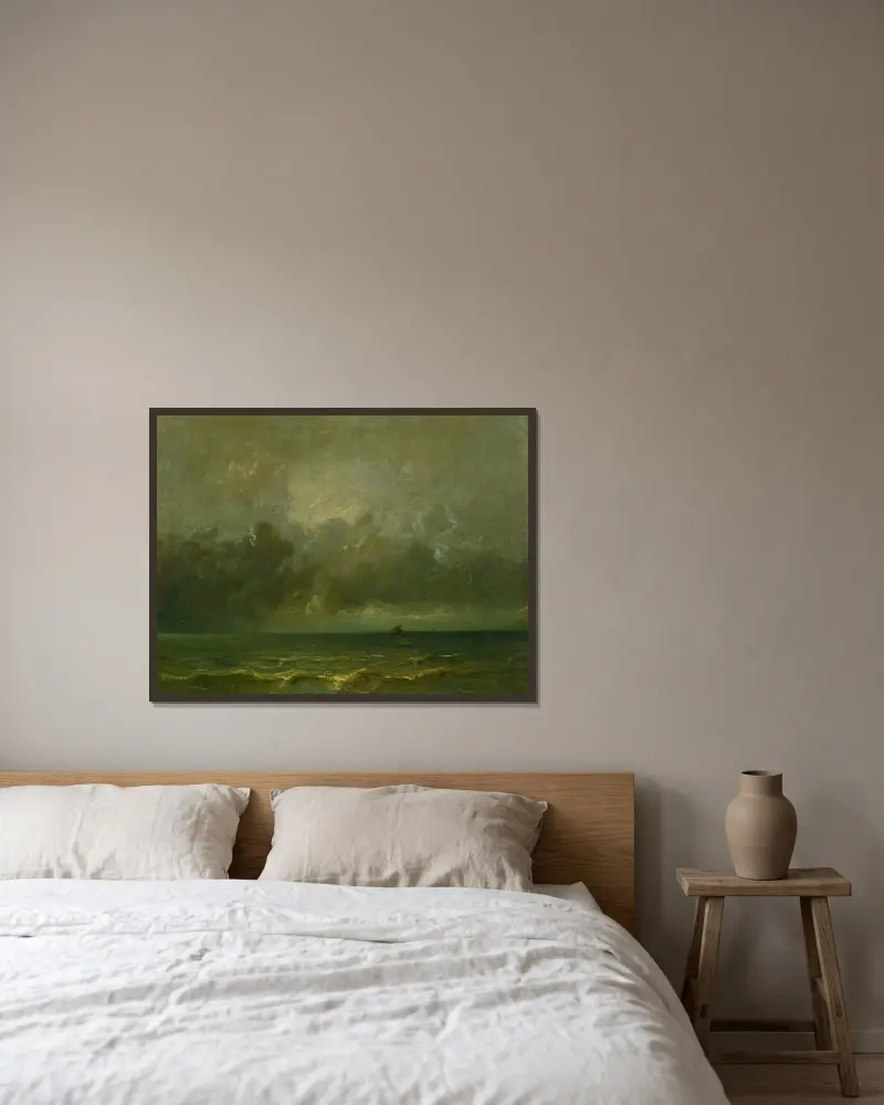Die Ruhe vor dem Sturm von Jules Dupré gerahmt an einer Wand