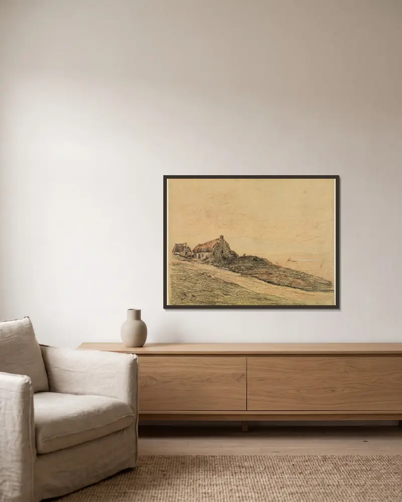 Küstenlandschaft bei Cayeux mit zwei Hütten av Jules Dupré inramad på en vägg