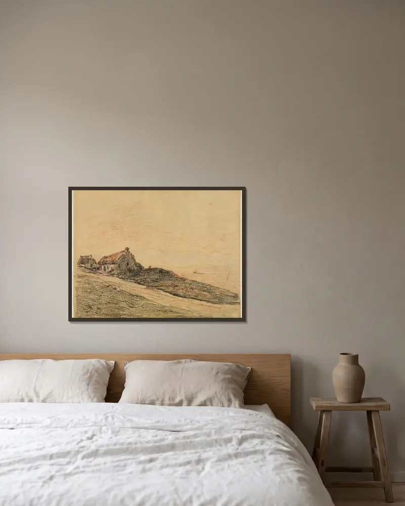 Küstenlandschaft bei Cayeux mit zwei Hütten av Jules Dupré inramad på en vägg