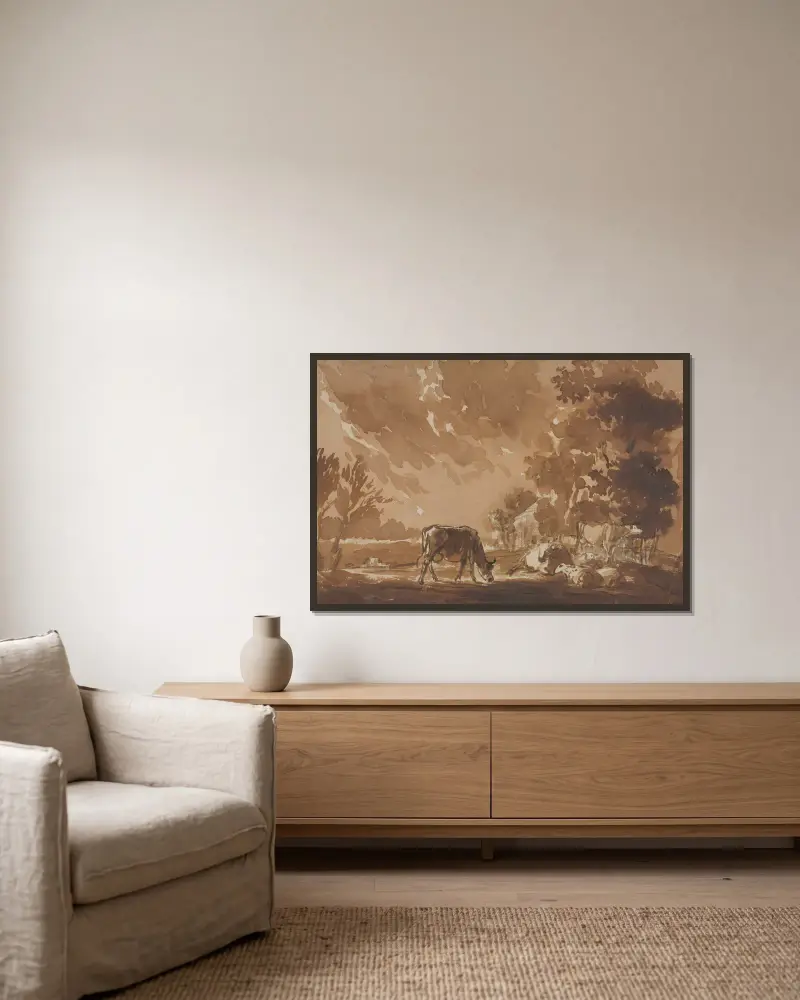 Landschaft mit Vieh von Jules Dupré gerahmt an einer Wand