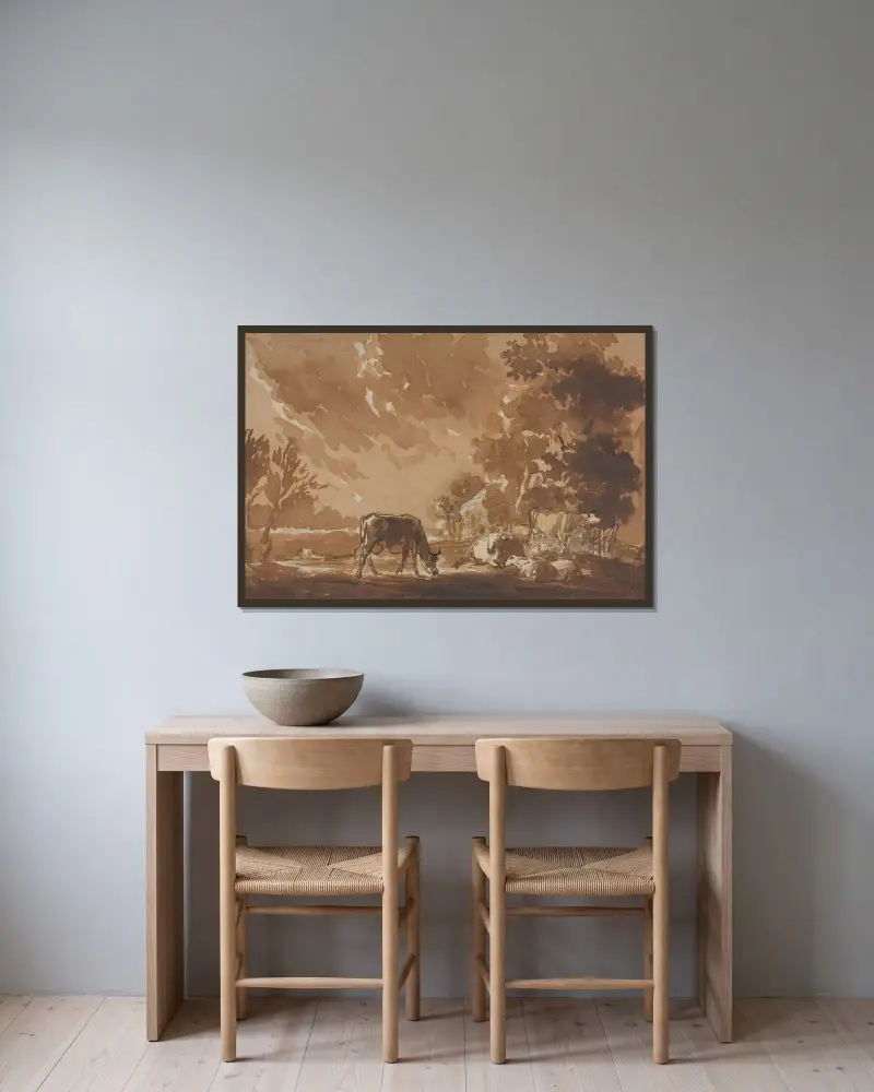 Landschaft mit Vieh von Jules Dupré gerahmt an einer Wand