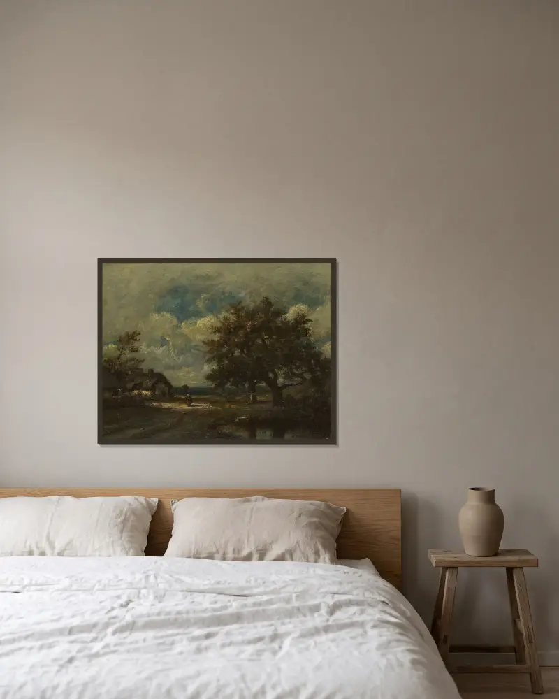 Stugan vid vägkanten, stormig himmel av Jules Dupré inramad på en vägg
