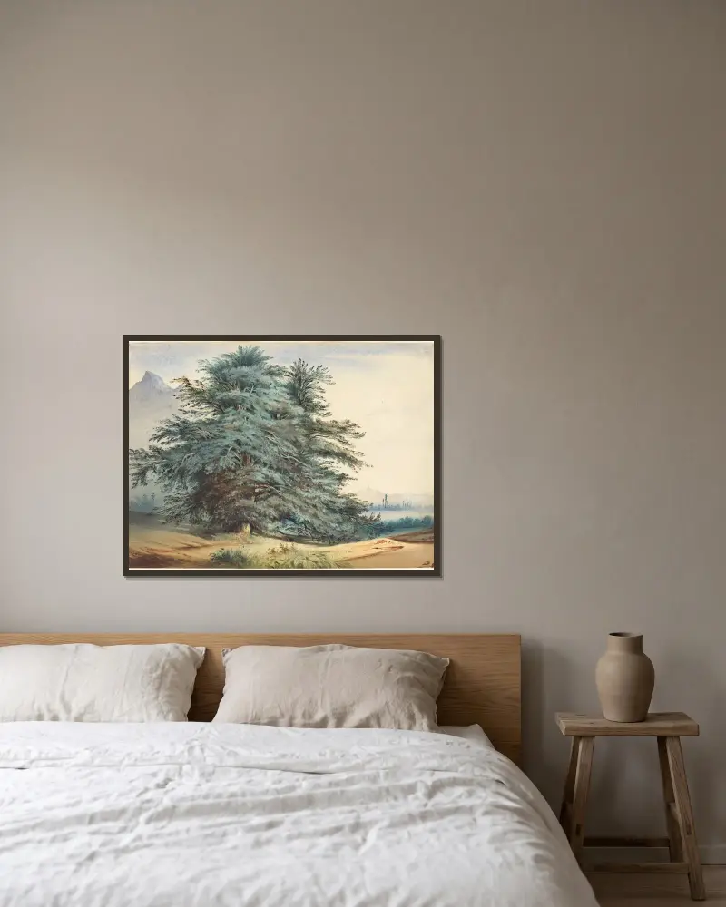 Zwei alte Bäume vor einem Berggipfel von Jules Dupré gerahmt an einer Wand