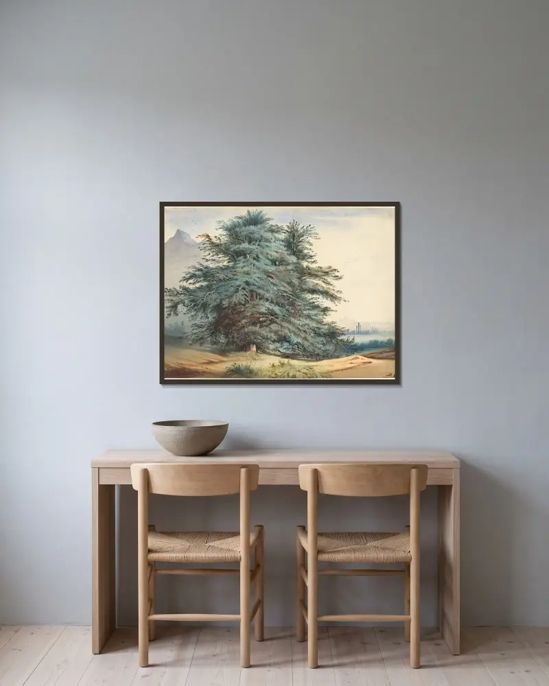 Zwei alte Bäume vor einem Berggipfel von Jules Dupré gerahmt an einer Wand