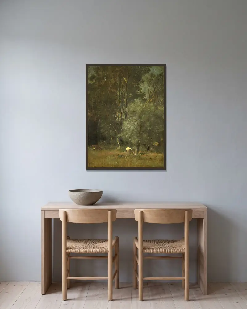 Waldansicht von Jules Dupré gerahmt an einer Wand