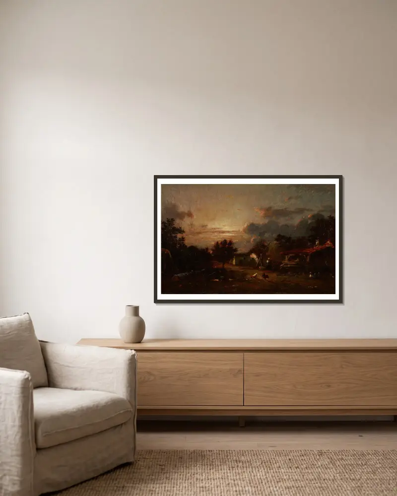 Dorfansicht bei Sonnenuntergang von Jules Dupré gerahmt an einer Wand