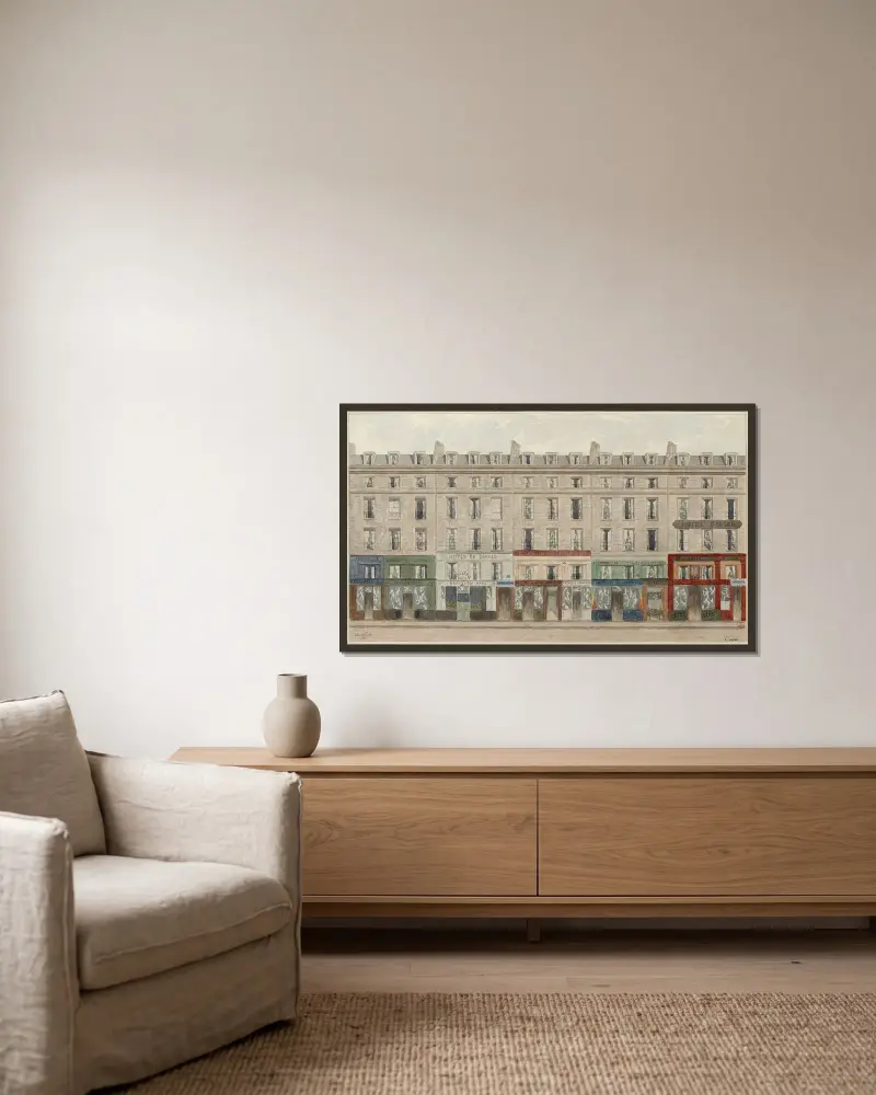 Rue Jean-Jacques Rousseau du nº32 à 40, 1er arrondissement av Jules Gaildrau inramad på en vägg