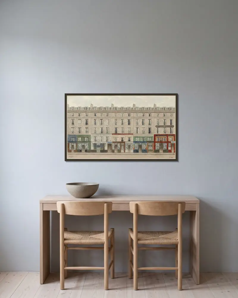 Rue Jean-Jacques Rousseau du nº32 à 40, 1er arrondissement av Jules Gaildrau inramad på en vägg