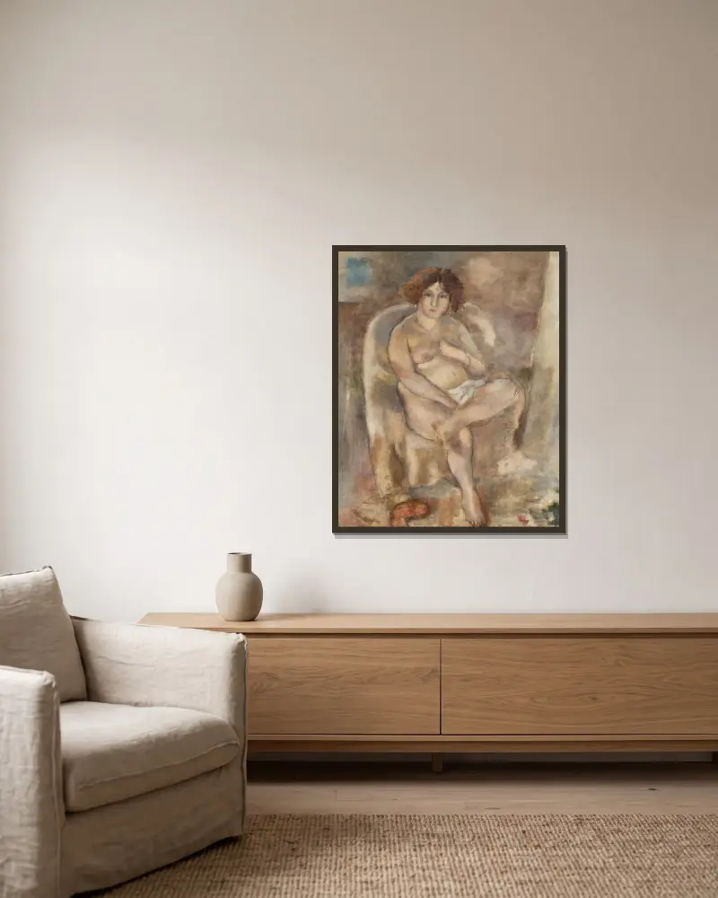 Kvinna sittande i fåtölj av Jules Pascin inramad på en vägg