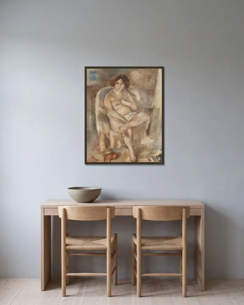 Kvinna sittande i fåtölj av Jules Pascin inramad på en vägg