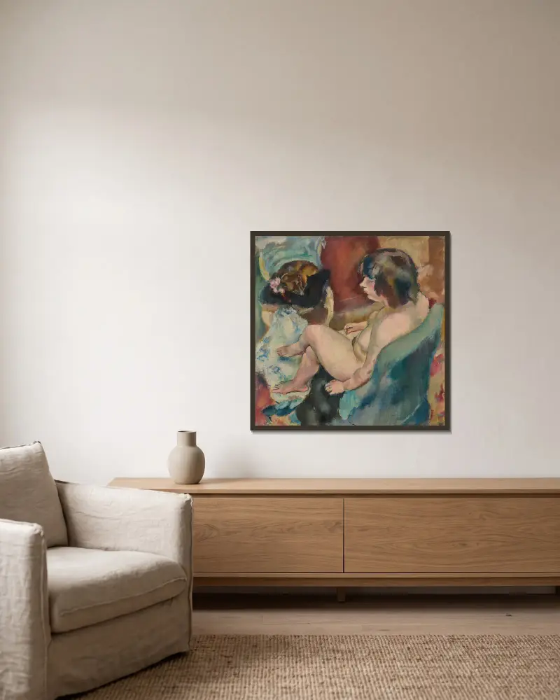 Femme au chien av Jules Pascin inramad på en vägg