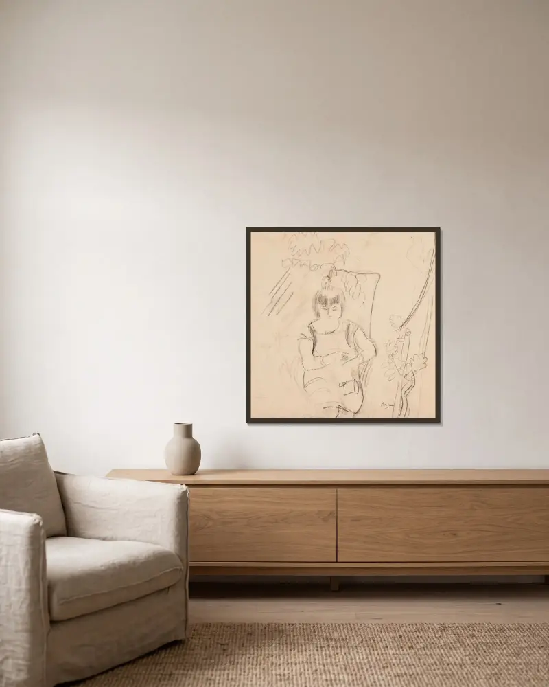 Kvinna i fåtölj av Jules Pascin inramad på en vägg