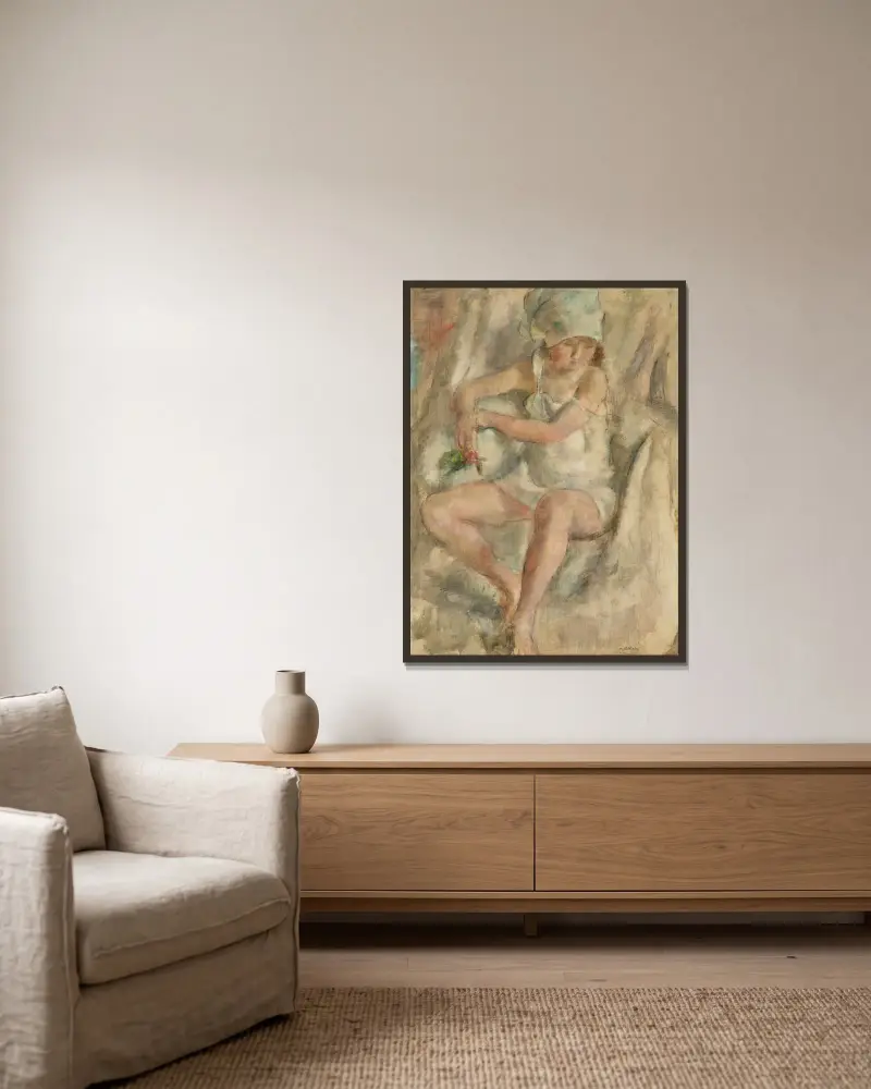 Kvinna med turban och ros av Jules Pascin inramad på en vägg