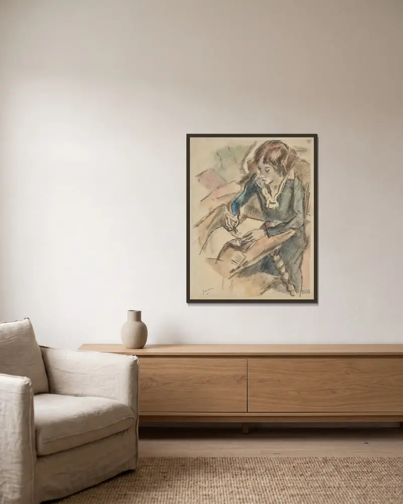 Kvinna som skriver av Jules Pascin inramad på en vägg