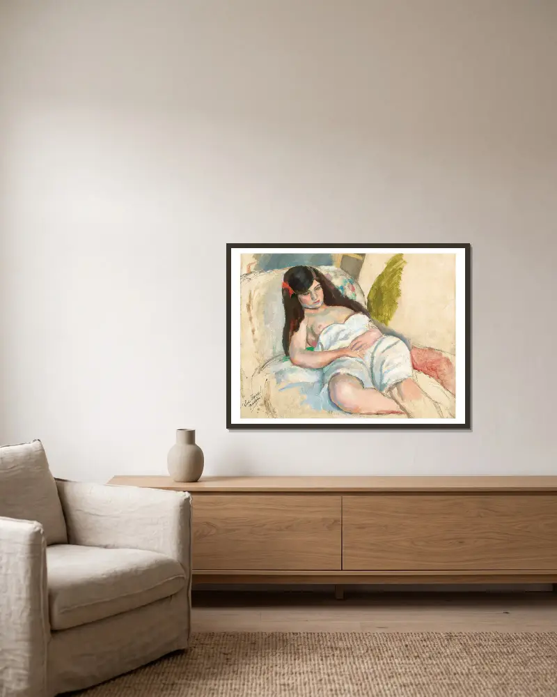 Femme Étendue av Jules Pascin inramad på en vägg