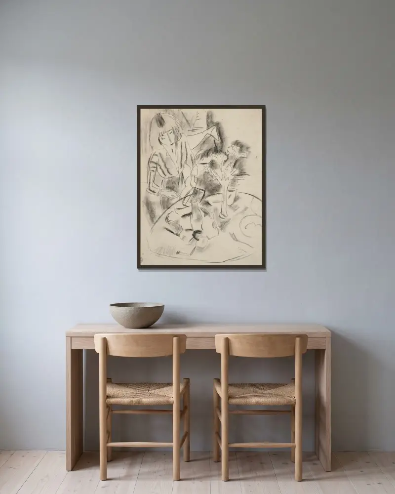 Hermine vid bordet av Jules Pascin inramad på en vägg