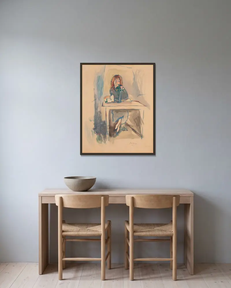 Hermine David i blå klänning av Jules Pascin inramad på en vägg