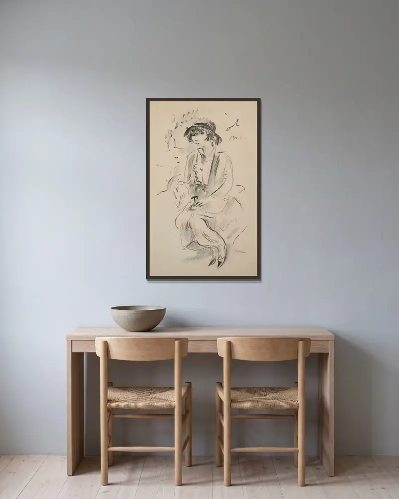 Hermine David med hatt av Jules Pascin inramad på en vägg