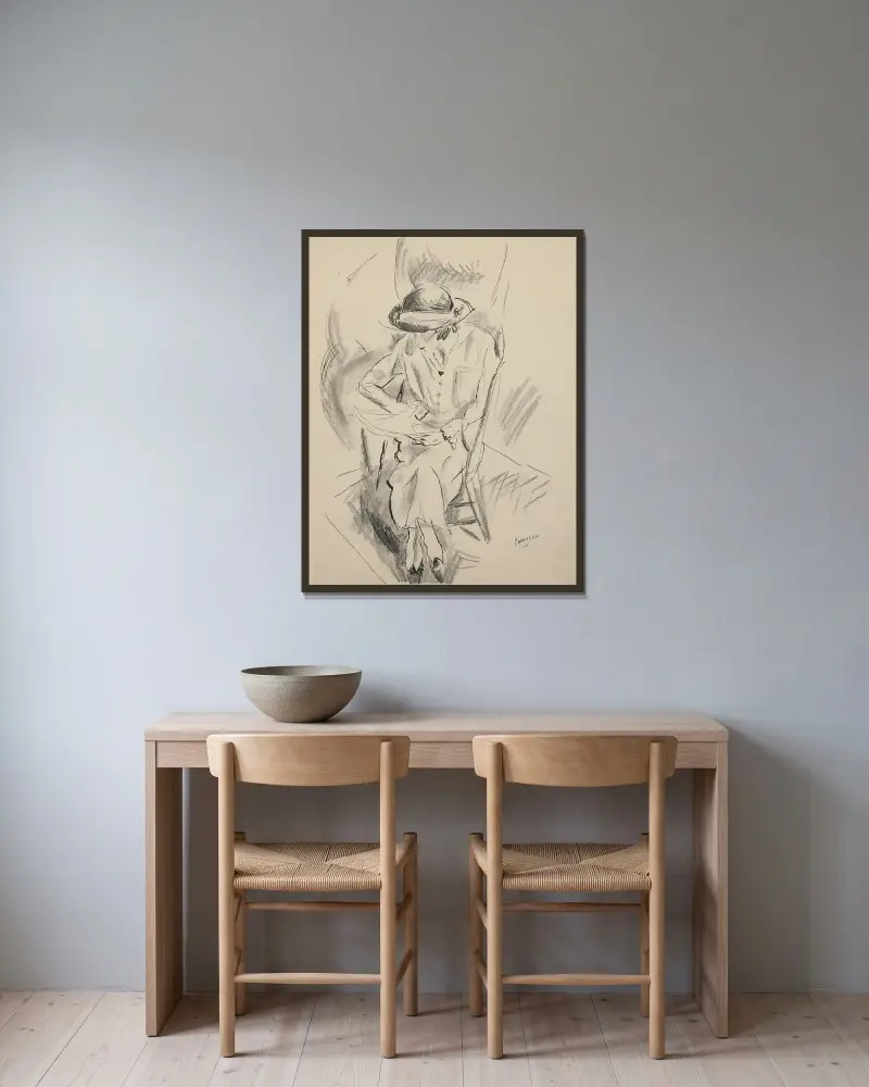 Hermine David lisant av Jules Pascin inramad på en vägg