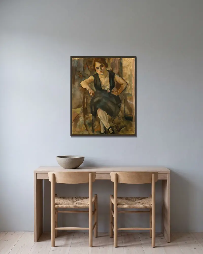 Ung kvinna i svart klänning av Jules Pascin inramad på en vägg