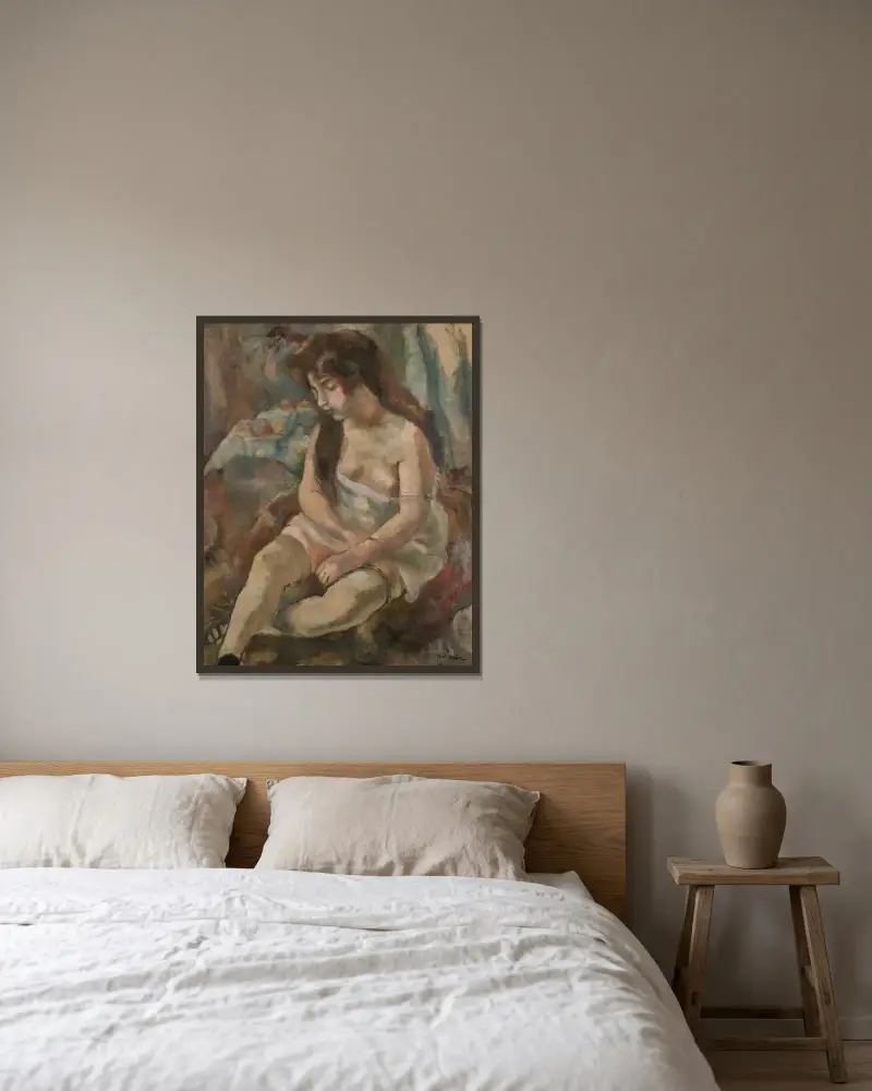 Ung flicka sittande med fruktskål av Jules Pascin inramad på en vägg