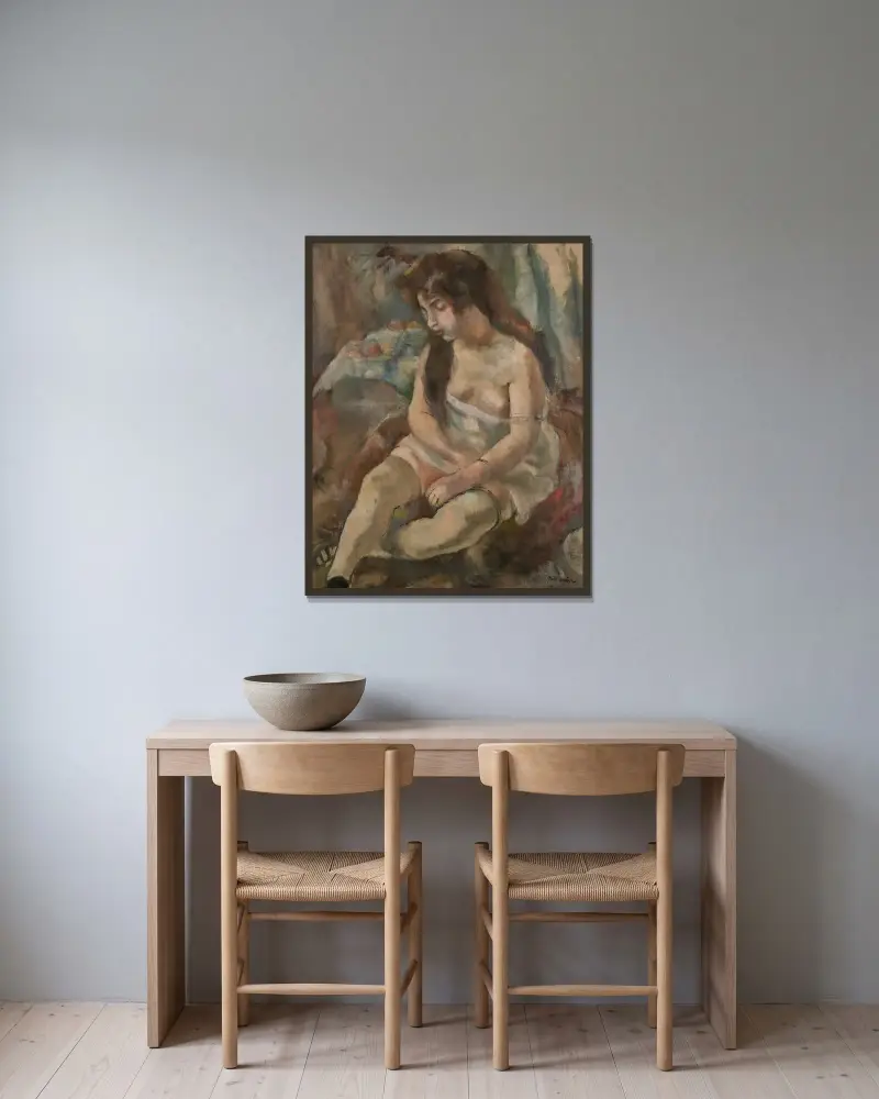 Ung flicka sittande med fruktskål av Jules Pascin inramad på en vägg