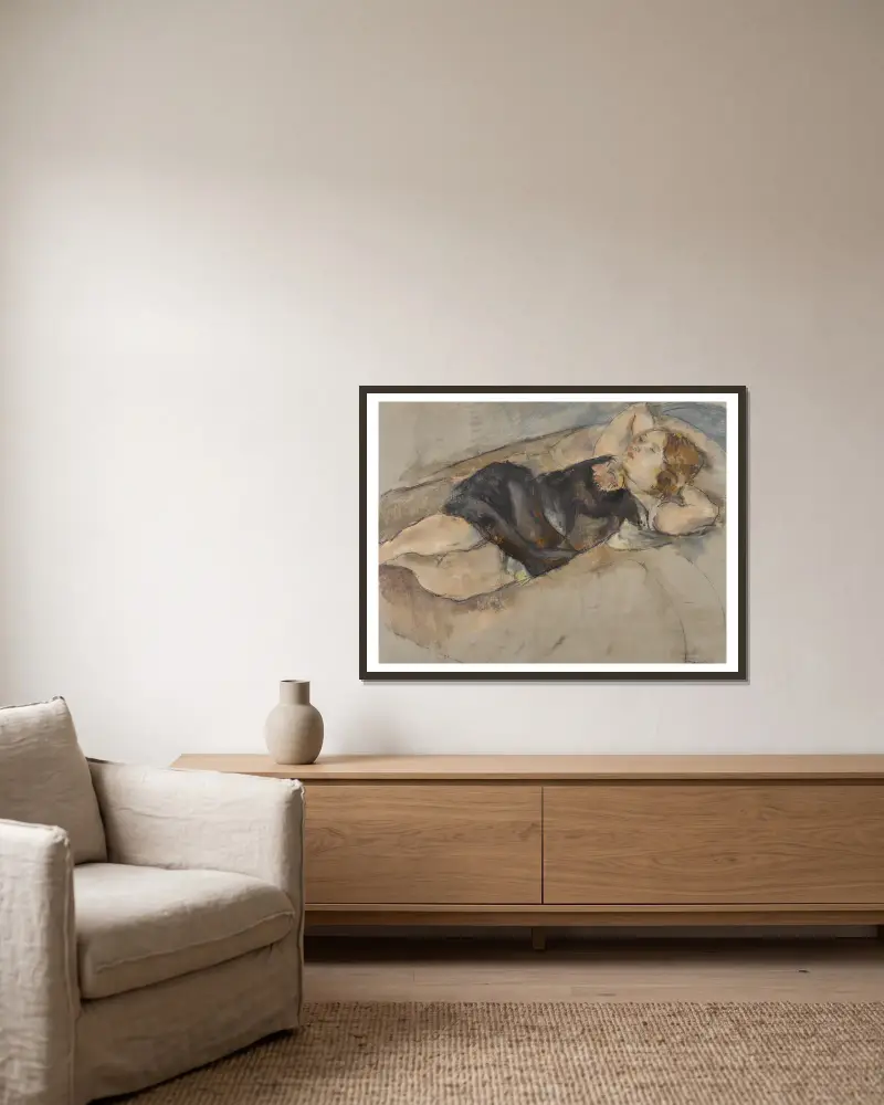 Liggande ung flicka av Jules Pascin inramad på en vägg