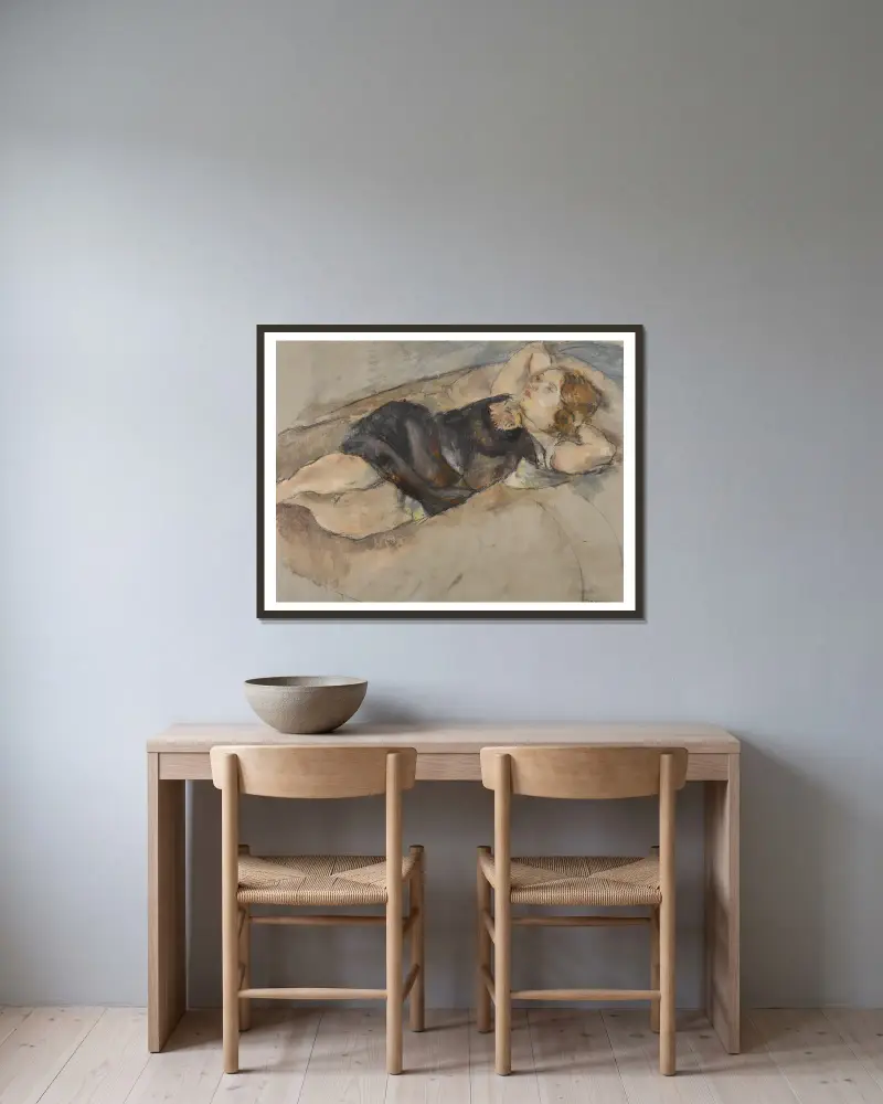 Liggande ung flicka av Jules Pascin inramad på en vägg
