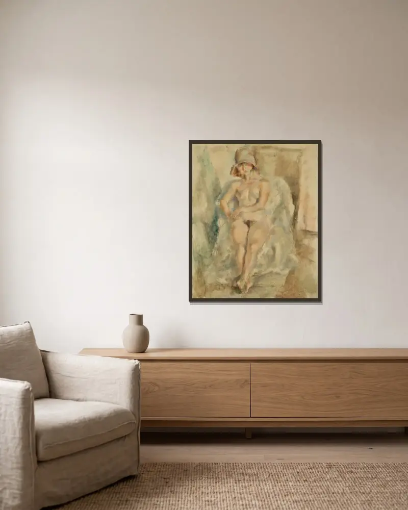 Naken modell med hatt av Jules Pascin inramad på en vägg
