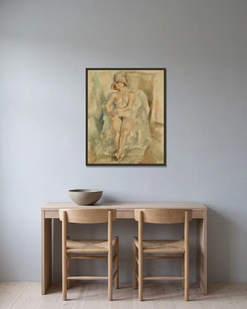 Naken modell med hatt av Jules Pascin inramad på en vägg
