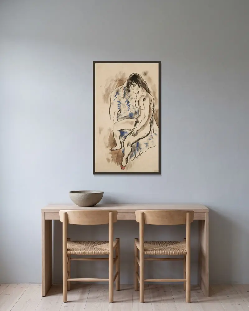 Naken sittande (Första sittningen) av Jules Pascin inramad på en vägg