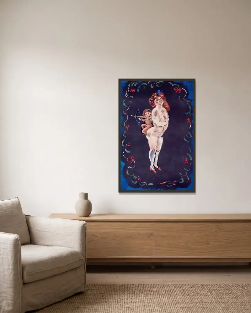 Naken och Amor av Jules Pascin inramad på en vägg