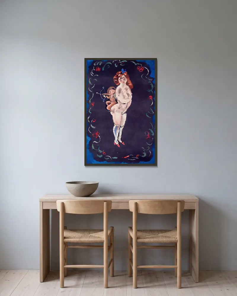 Naken och Amor av Jules Pascin inramad på en vägg