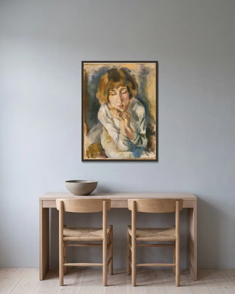 Portrait of Hermine David av Jules Pascin inramad på en vägg