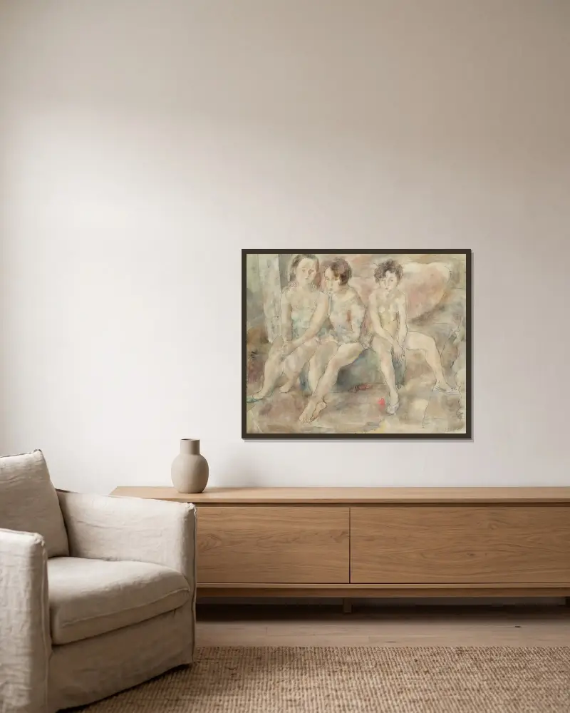 Tre unga flickor av Jules Pascin inramad på en vägg