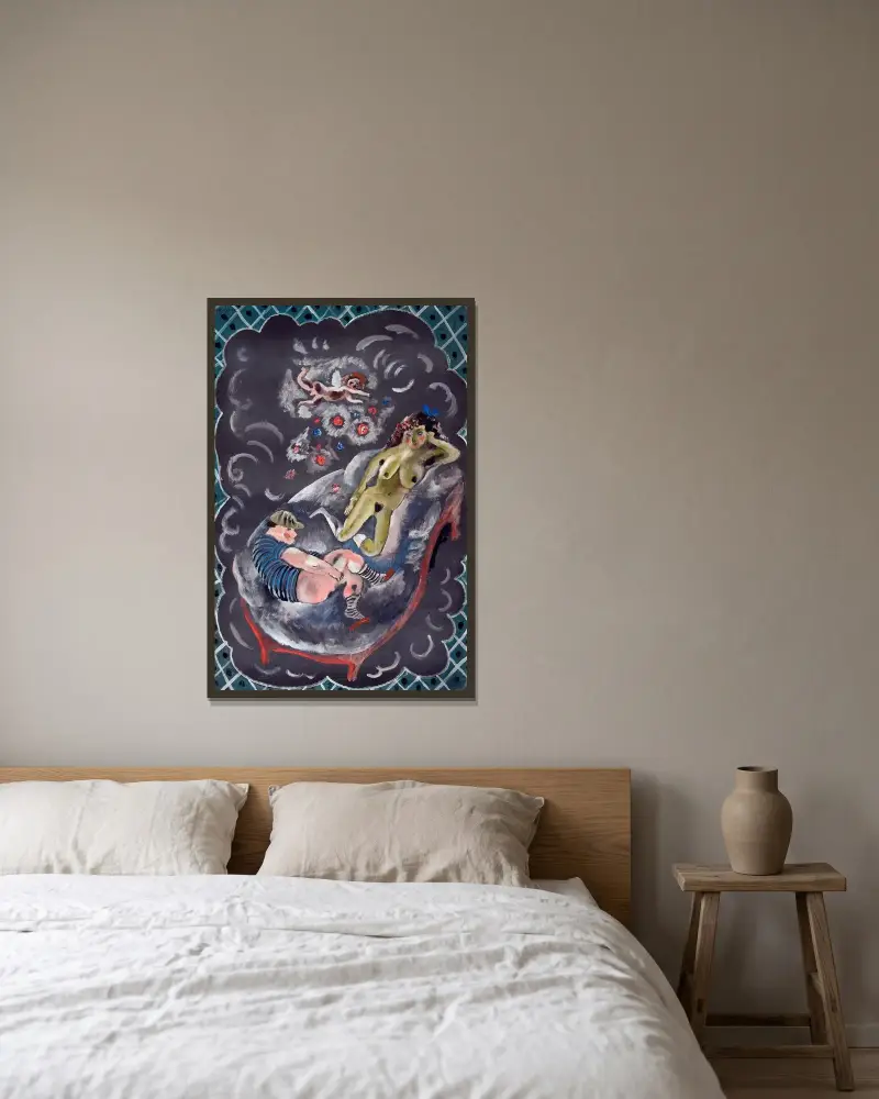 Två figurer och Cupid av Jules Pascin inramad på en vägg