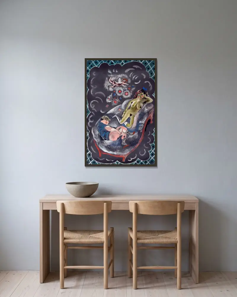 Två figurer och Cupid av Jules Pascin inramad på en vägg