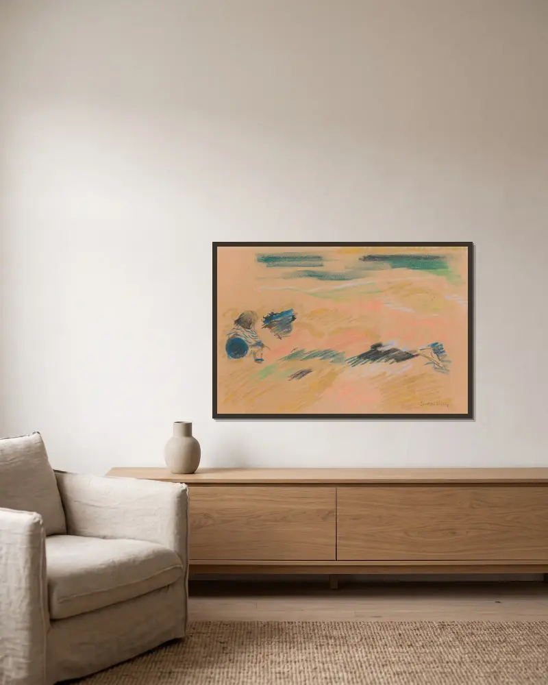 Kind mit Ball von Jules Schmalzigaug gerahmt an einer Wand