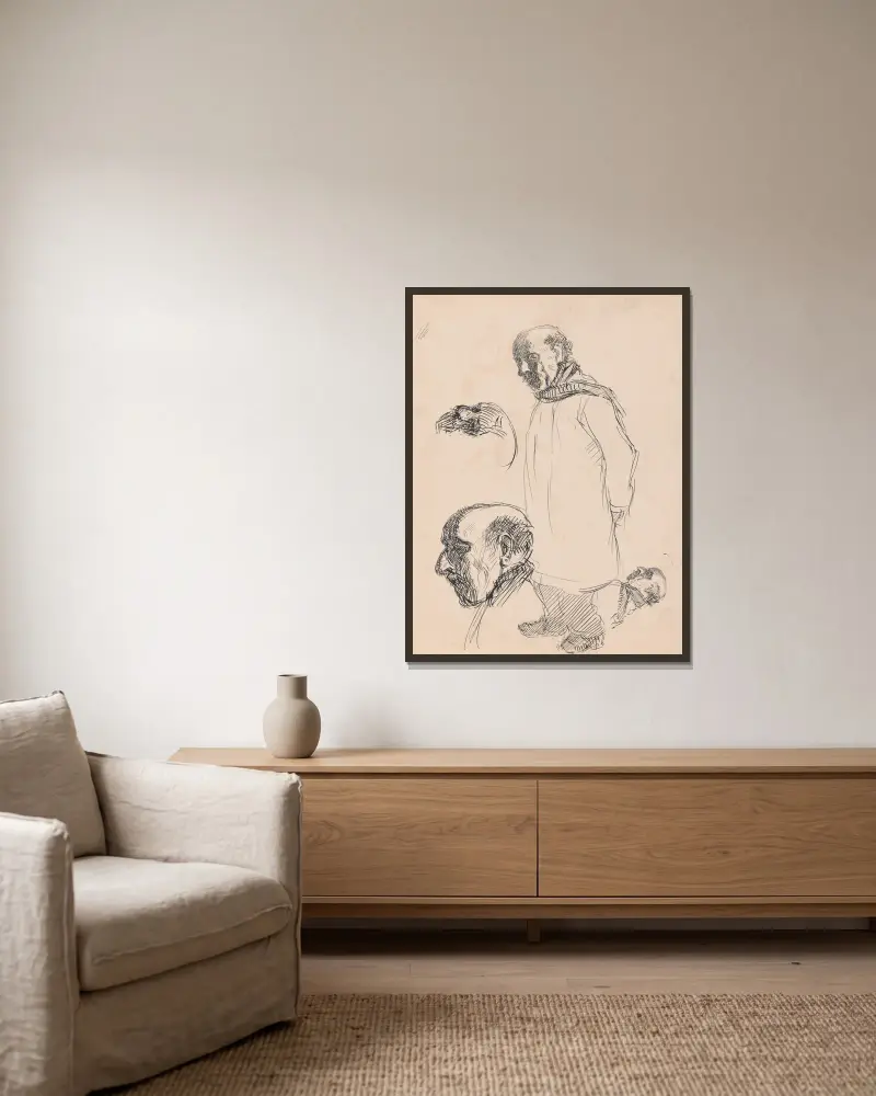 Stehender Mann und zwei Köpfe von Jules Schmalzigaug gerahmt an einer Wand