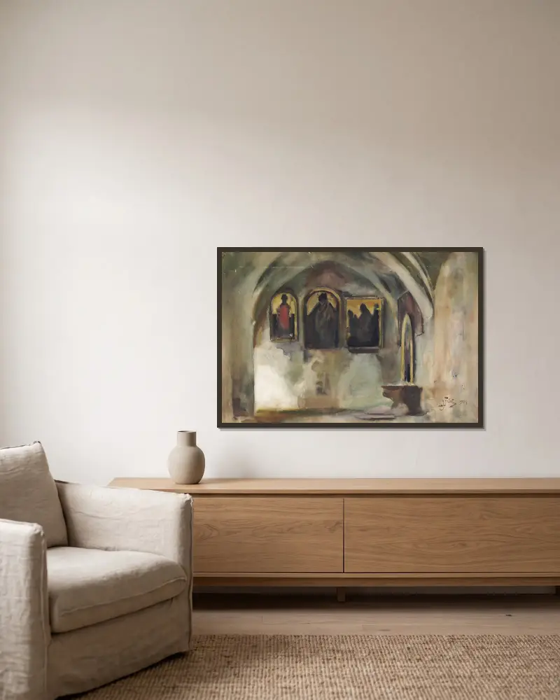 Cloister of the Franciscan Church in Krakow av Julian Falat inramad på en vägg