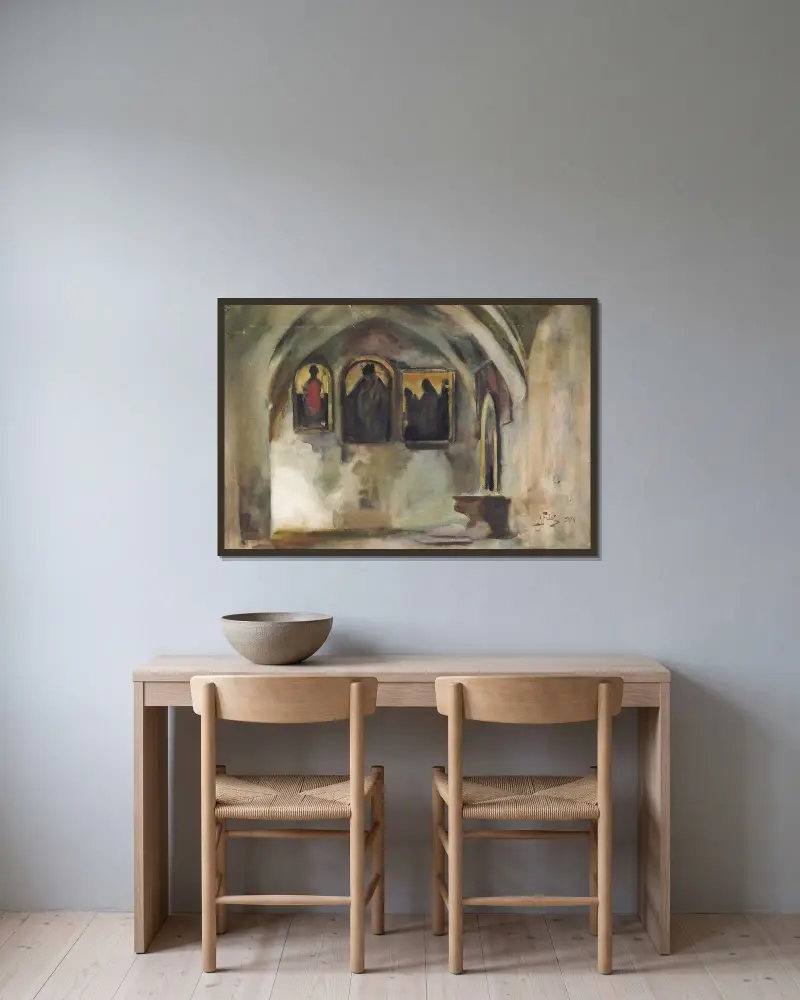 Cloister of the Franciscan Church in Krakow av Julian Falat inramad på en vägg