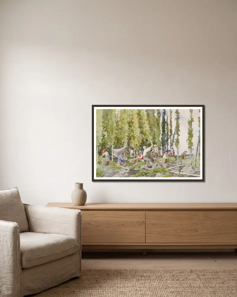 Hopfenpflücken von Julian Falat gerahmt an einer Wand