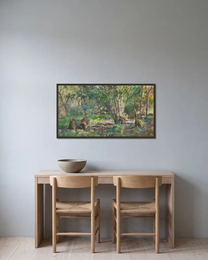 Inne i en skog med rådjur av Julian Falat inramad på en vägg