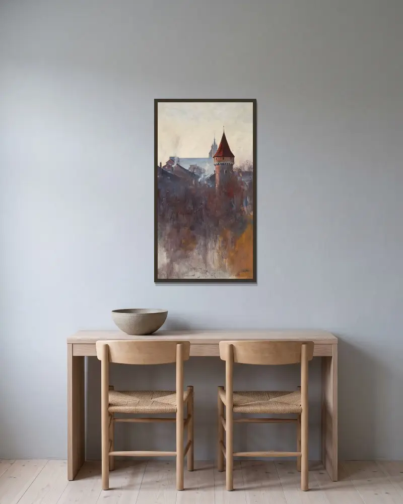 Kraków på morgonen av Julian Falat inramad på en vägg