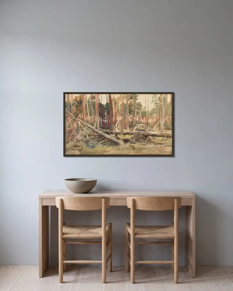 Tallskog av Julian Falat inramad på en vägg