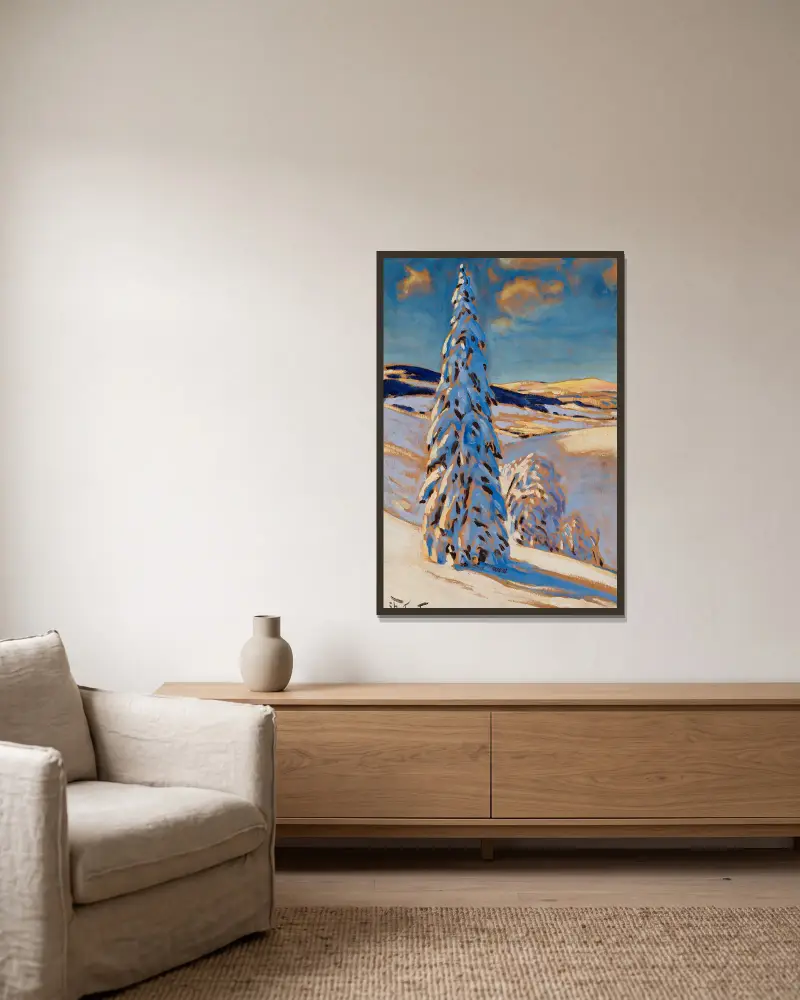 Winterlandschaft von Julian Falat gerahmt an einer Wand